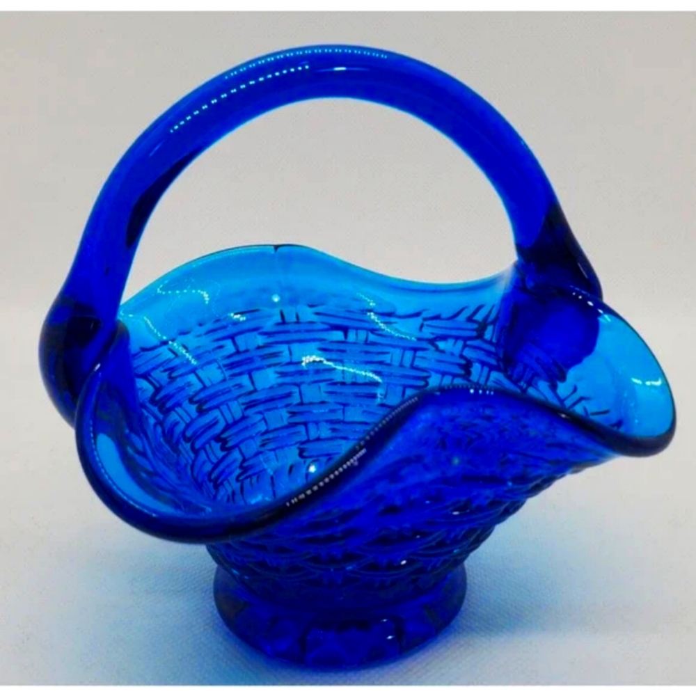 Blue Basket Weave Open Lace Basket with Handle Figurine Collector Glass